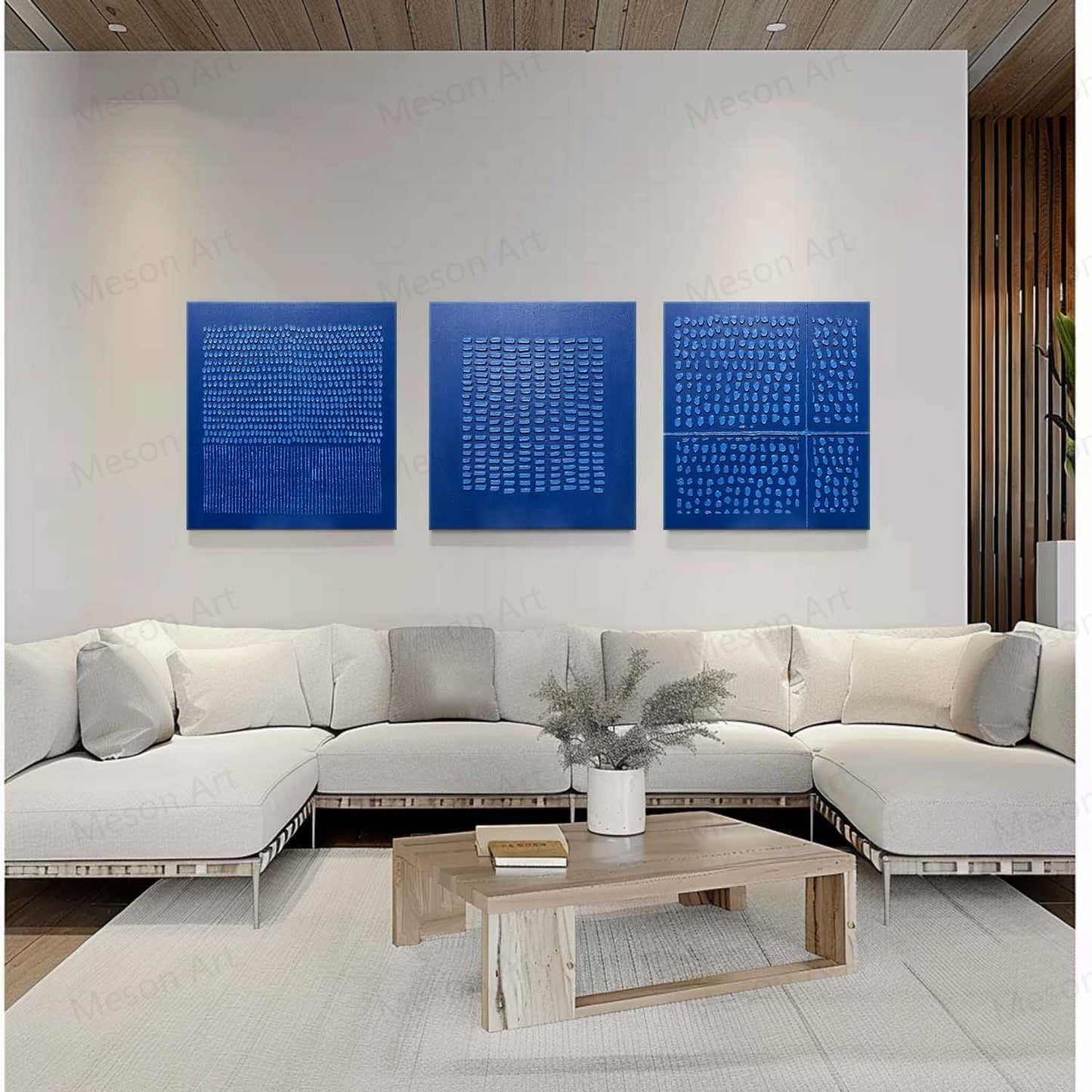 Contemporary Blue Abstract Triptych Oil Painting for Modern Home Decor