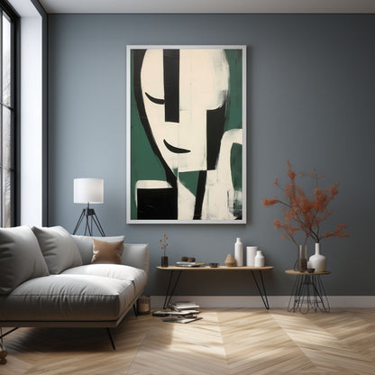 Abstract Minimalist Portrait in Green and Black - Modern Oil Painting for Home Decor