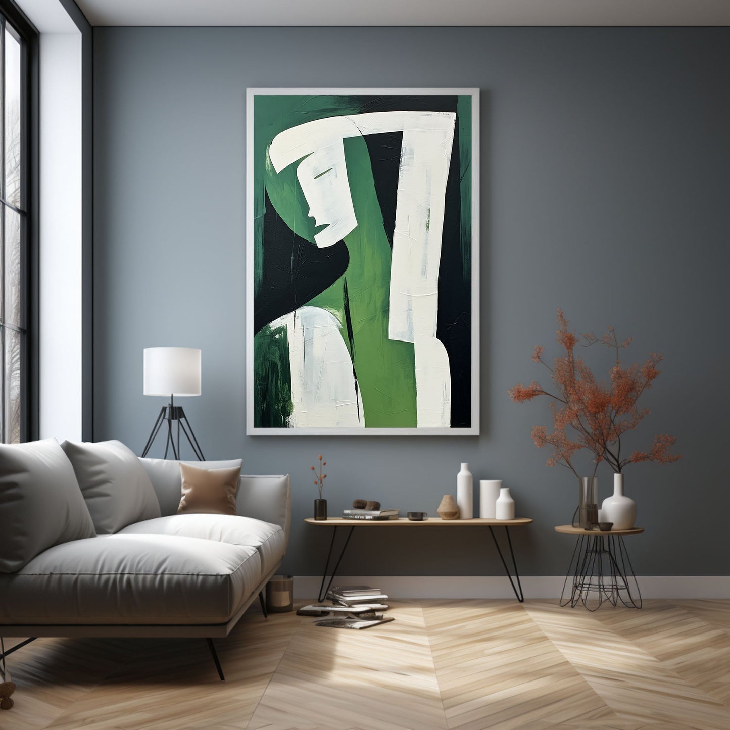 Abstract Green Figure Oil Painting - Modern Minimalist Wall Art for Contemporary Decor