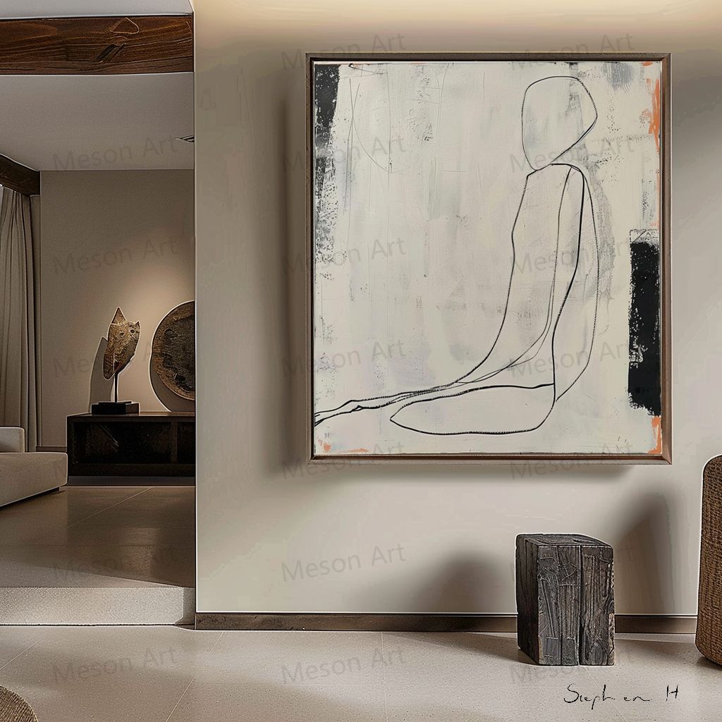 Elegant Minimalist Oil Painting of a Contemplative Figure in Neutral Tones