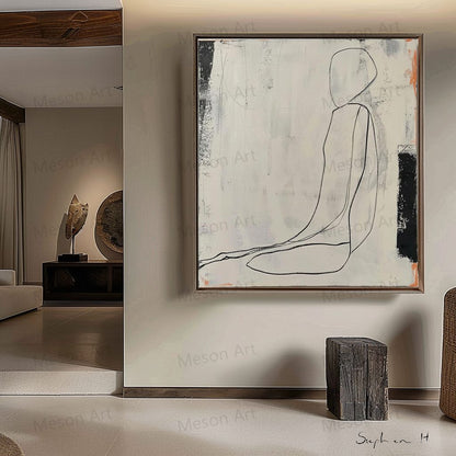 Elegant Minimalist Oil Painting of a Contemplative Figure in Neutral Tones