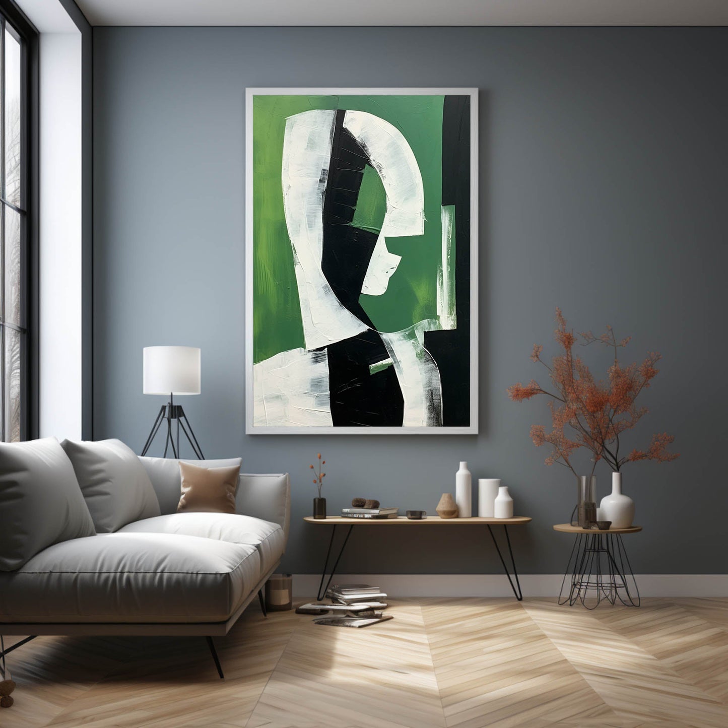 Abstract Green and Black Minimalist Oil Painting for Modern Home Decor