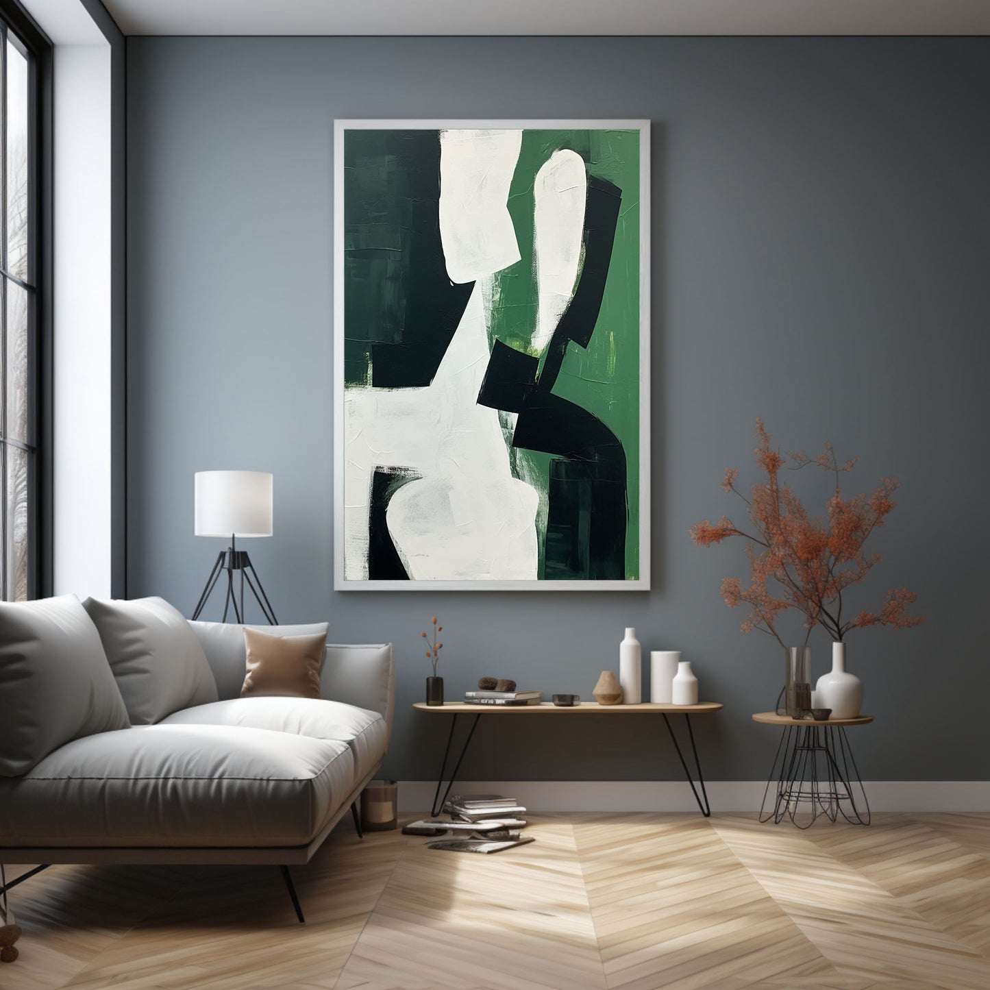 Abstract Green and Black Minimalist Oil Painting for Modern Decor