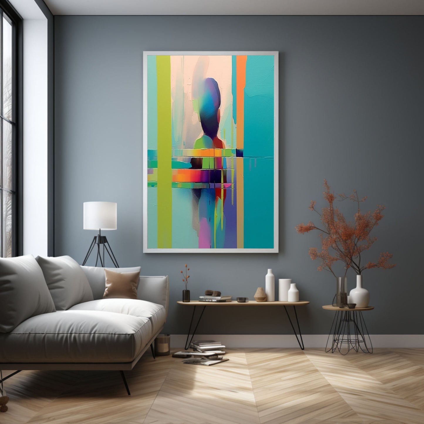 Vibrant Abstract Oil Painting of Silhouette with Colorful Stripes