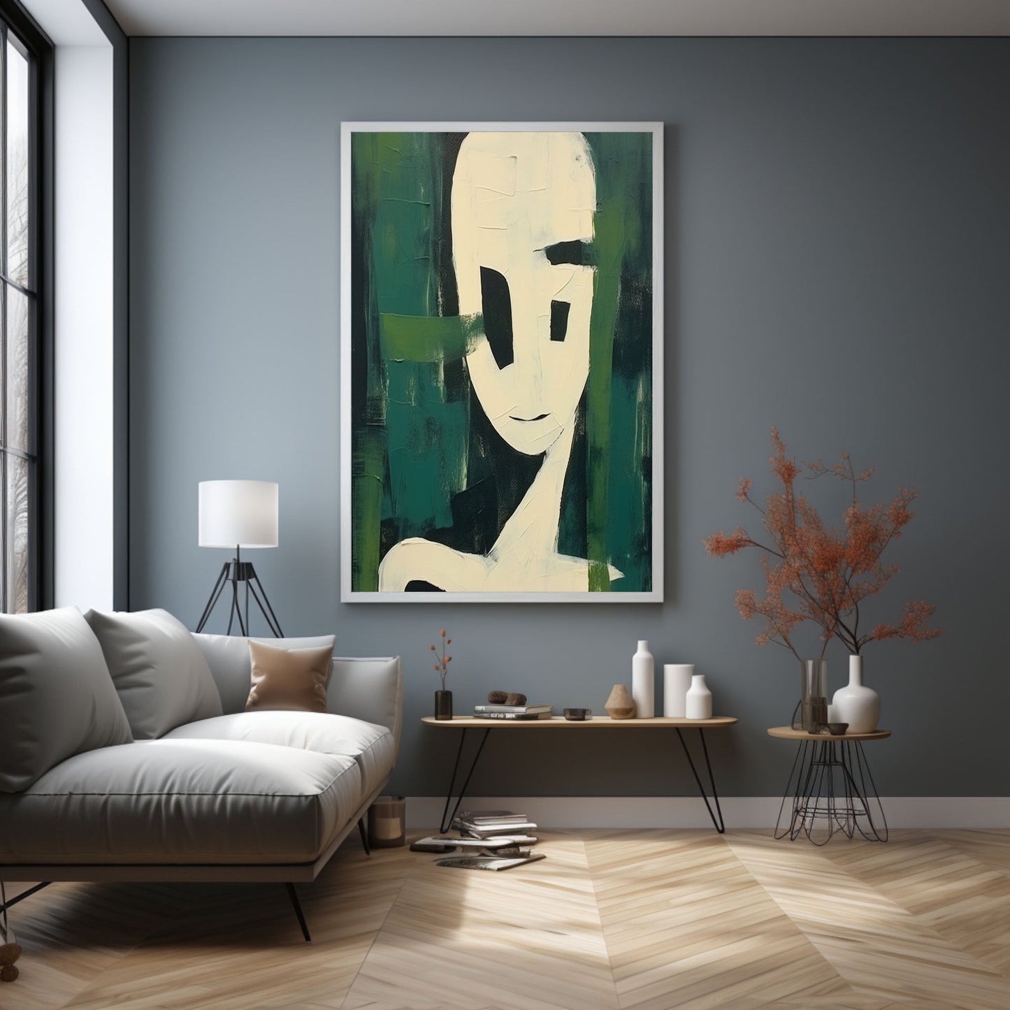 Abstract Minimalist Portrait with Green Accents - Contemporary Oil Painting Decor