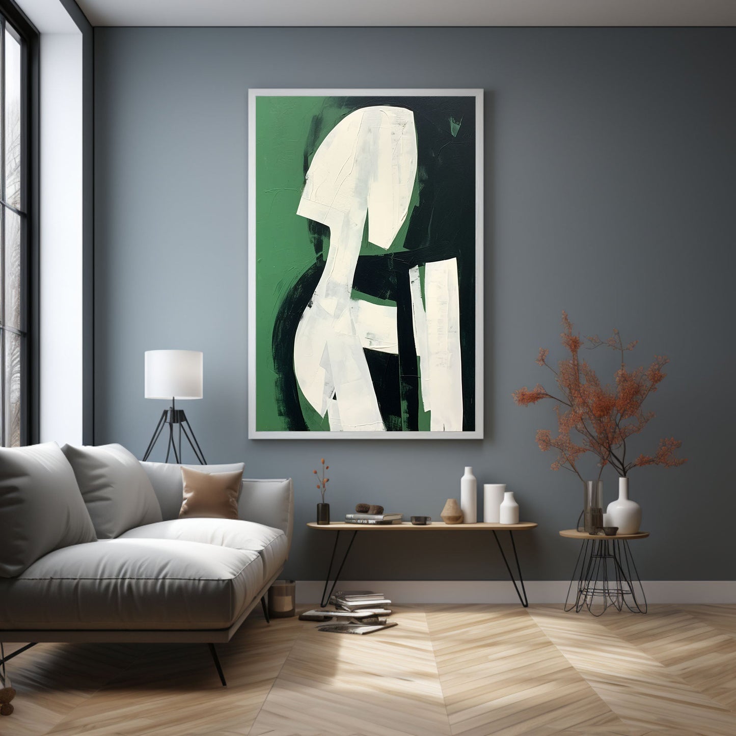 Abstract Green and White Minimalist Oil Painting for Modern Decor