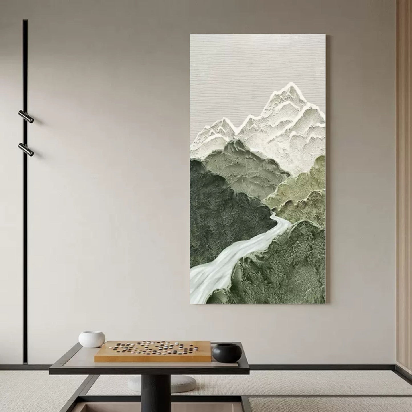 Serene Mountain Landscape Oil Painting, Wabi-Sabi Wall Decor for Tranquil Home