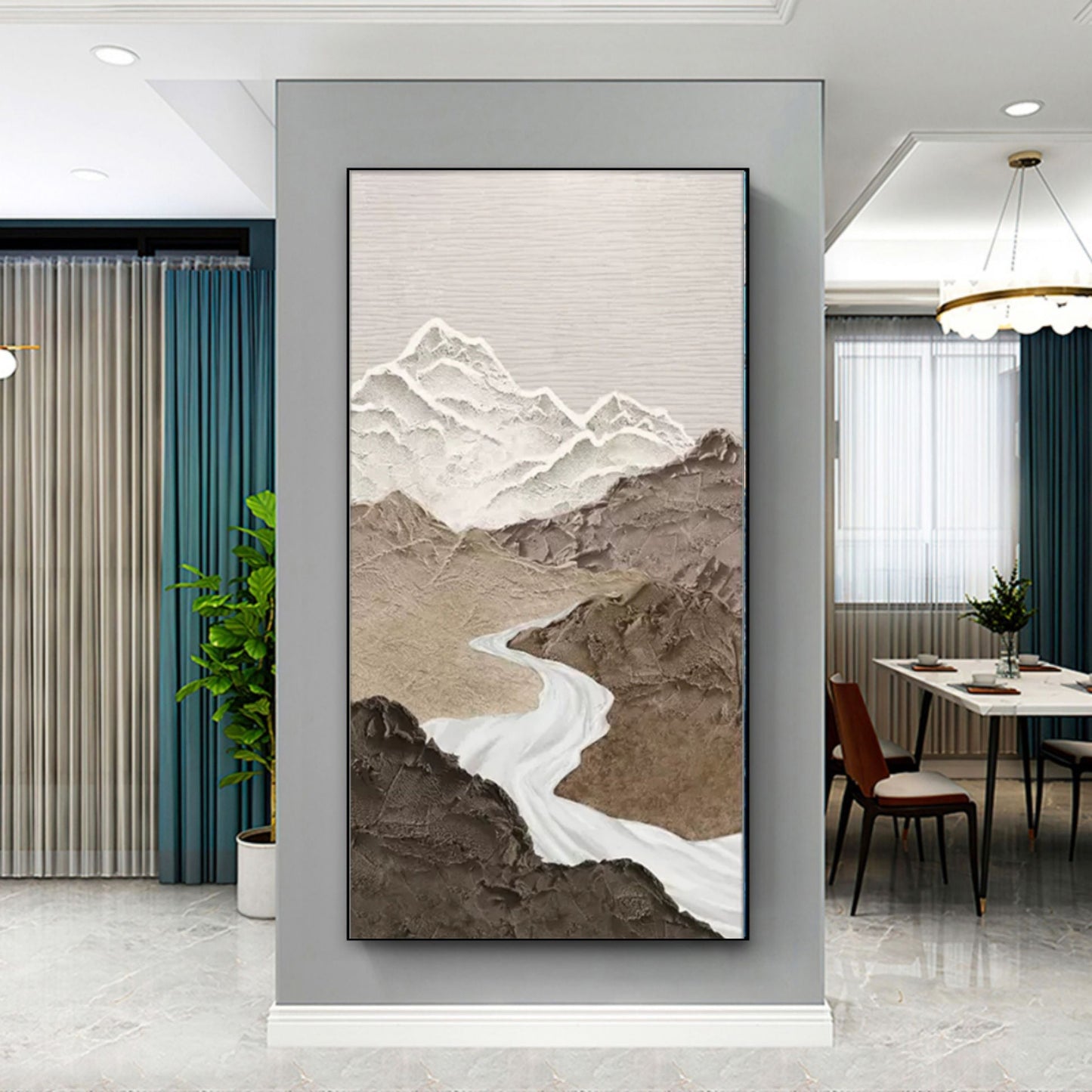 Serene Abstract Mountain Landscape with Flowing River Oil Painting