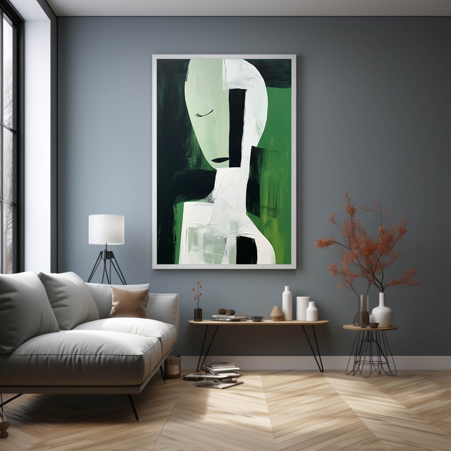 Elegant Minimalist Abstract Oil Painting in Green and Black Tones
