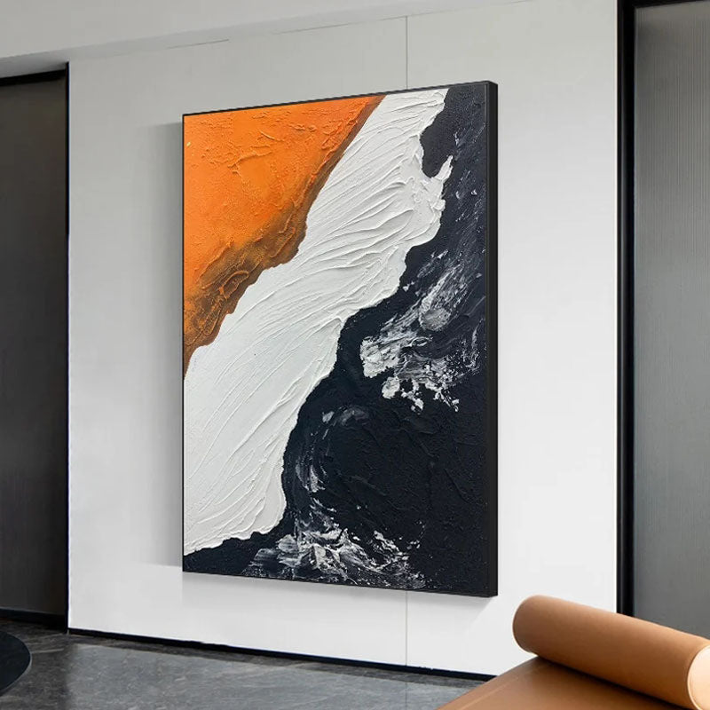 Serene Abstract Ocean Waves Oil Painting in Vibrant Orange and Deep Black Tones