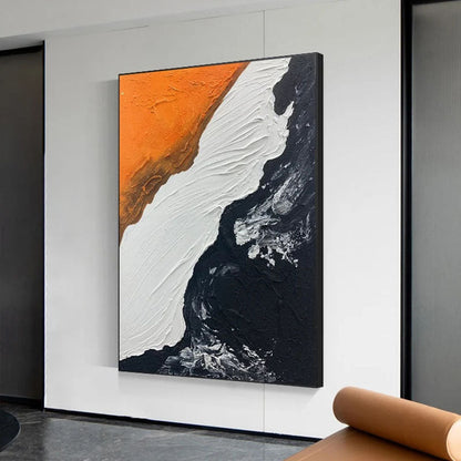 Serene Abstract Ocean Waves Oil Painting in Vibrant Orange and Deep Black Tones