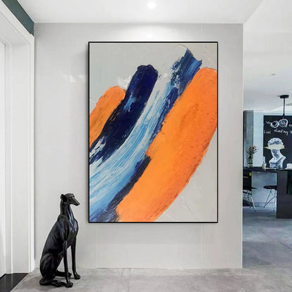 Vibrant Abstract Oil Painting with Dynamic Blue and Orange Brush Strokes for Modern Decor