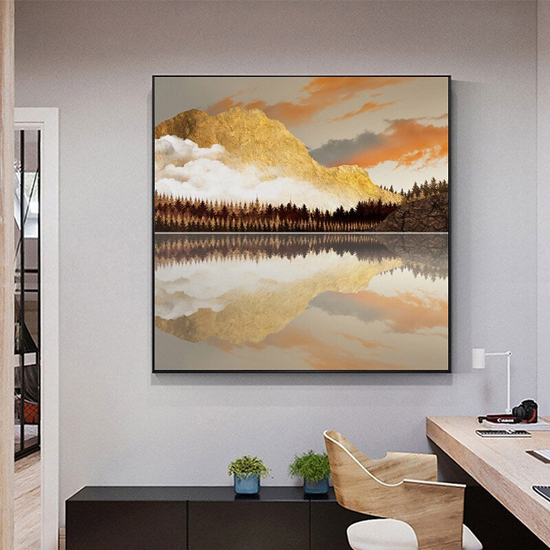 Serene Mountain Reflection Oil Painting in Warm Sunset Hues