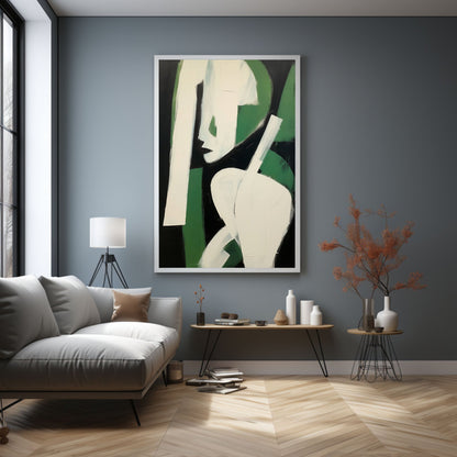 Abstract Green and White Figure – Modern Minimalist Oil Painting for Contemporary Home Decor