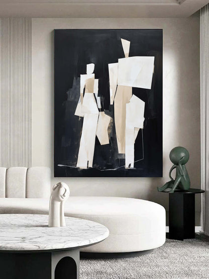 Abstract Minimalist Oil Painting of Figures in Neutral Tones and Dark Background