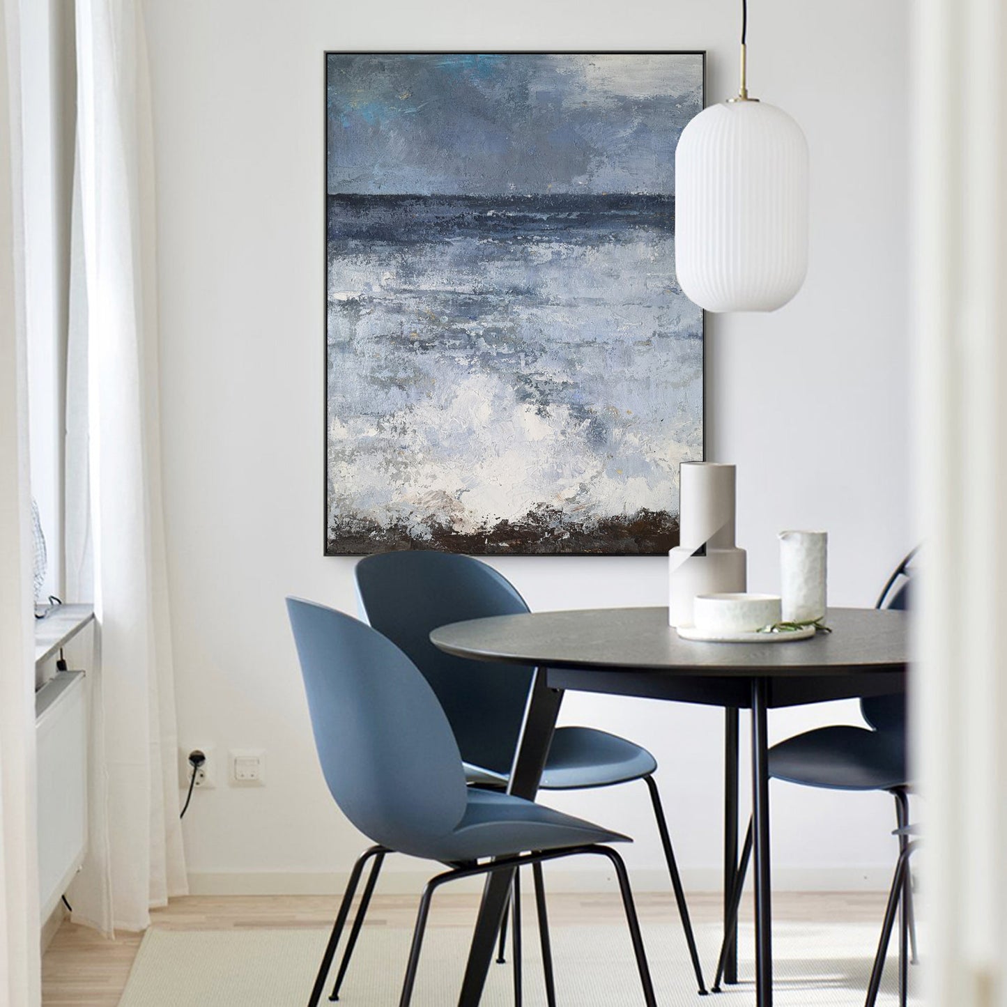 Tranquil Blue Ocean Waves Abstract Oil Painting for Coastal Decor