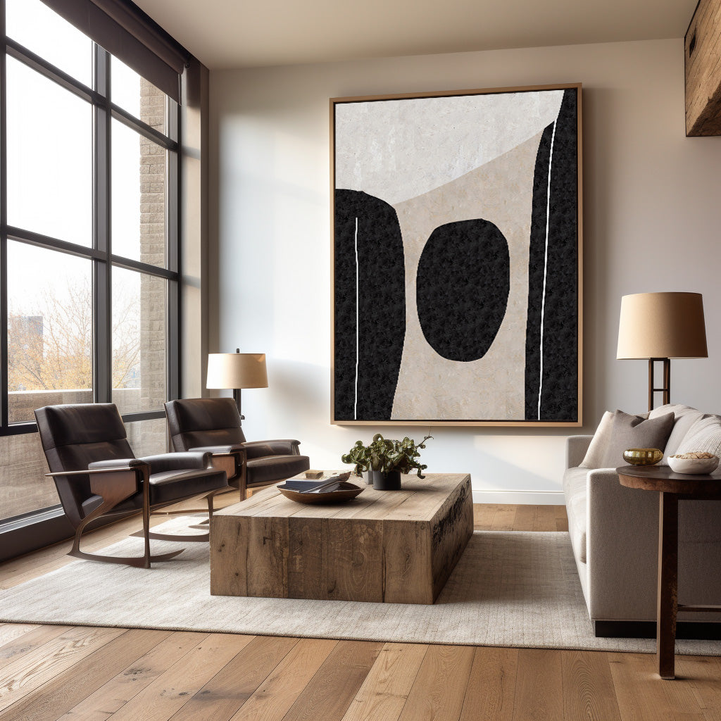 Abstract Black and White Minimalist Oil Painting for Modern Decor