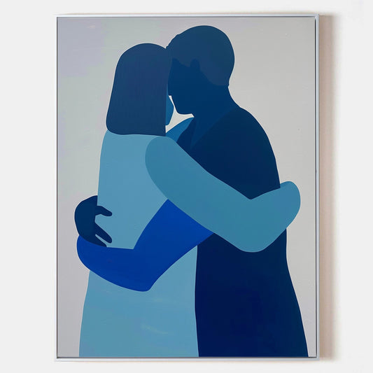 Contemporary Blue Abstract Couple Embrace Oil Painting