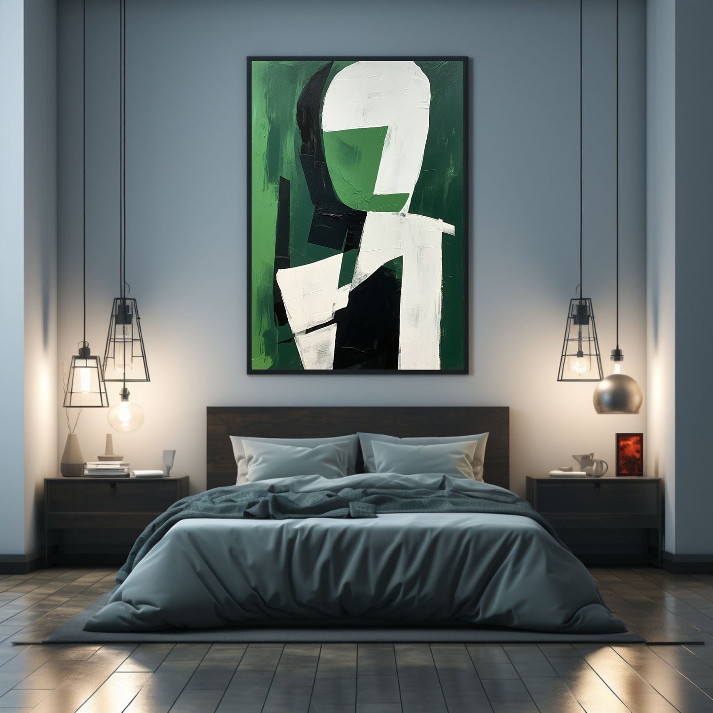 Modern Abstract Oil Painting in Green and White for Minimalist Decor