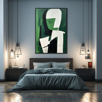 Modern Abstract Oil Painting in Green and White for Minimalist Decor