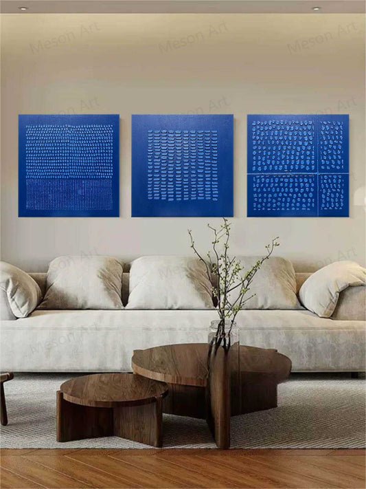 Contemporary Blue Abstract Triptych Oil Painting for Modern Home Decor