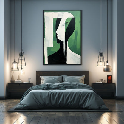 Abstract Green Face Oil Painting - Modern Minimalist Wall Art for Contemporary Spaces