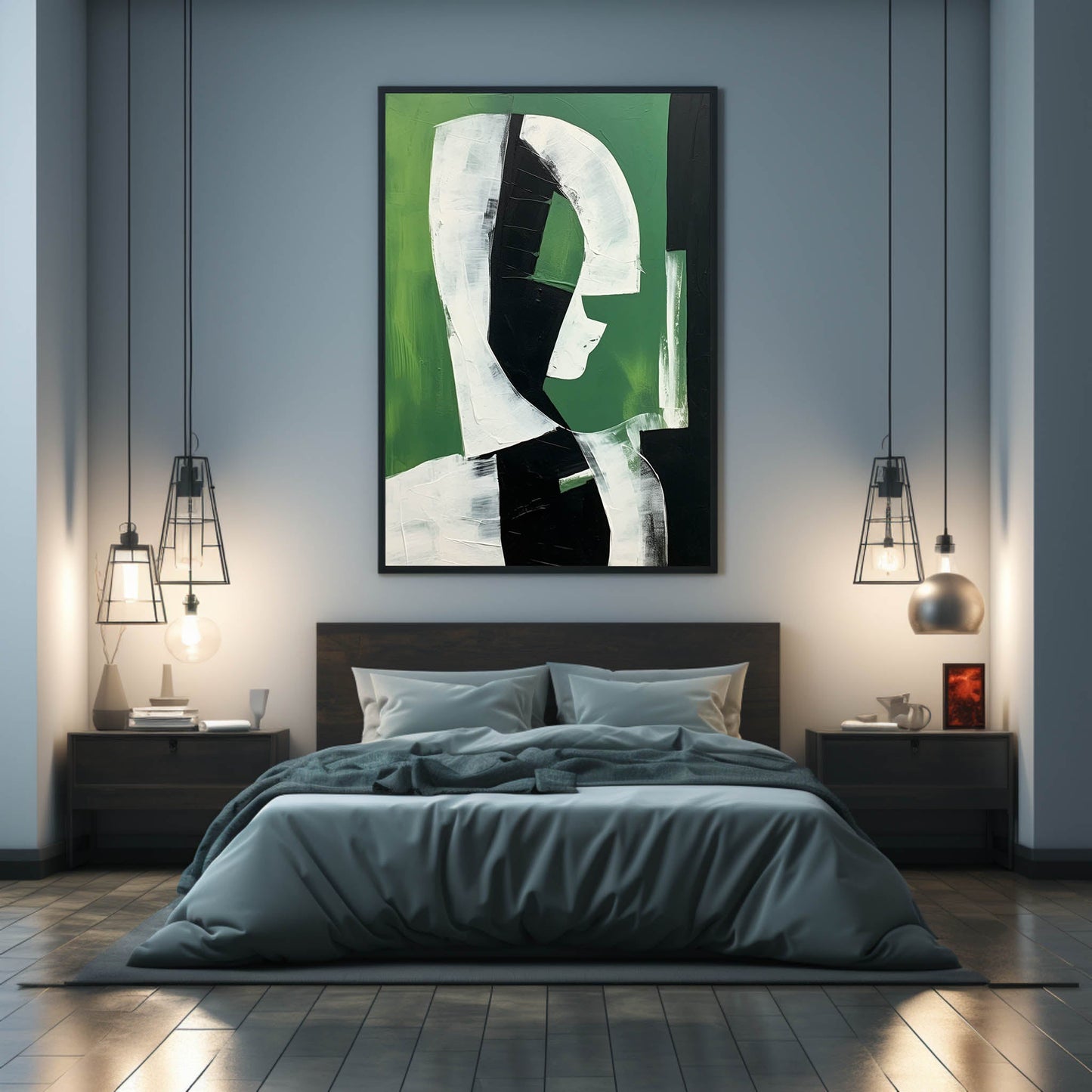 Abstract Green and Black Minimalist Oil Painting for Modern Home Decor