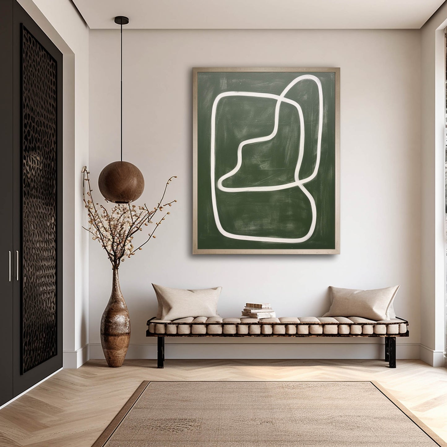 Abstract Line Art - Modern Wabi-Sabi Green Oil Painting for Contemporary Decor