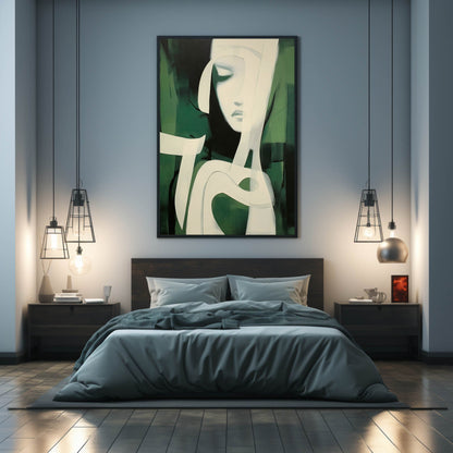 Serene Green Minimalist Oil Painting of Abstract Feminine Form