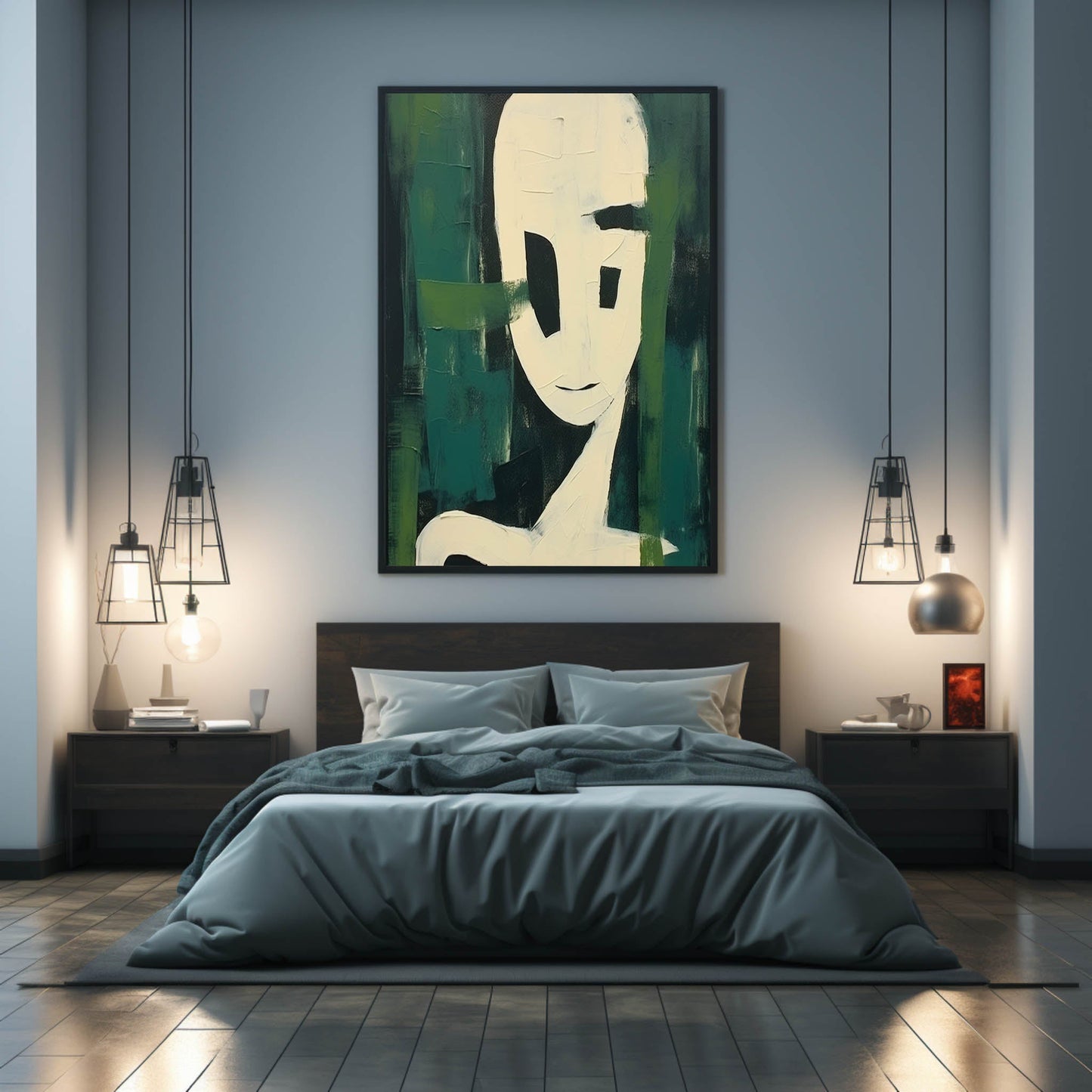 Abstract Minimalist Portrait with Green Accents - Contemporary Oil Painting Decor