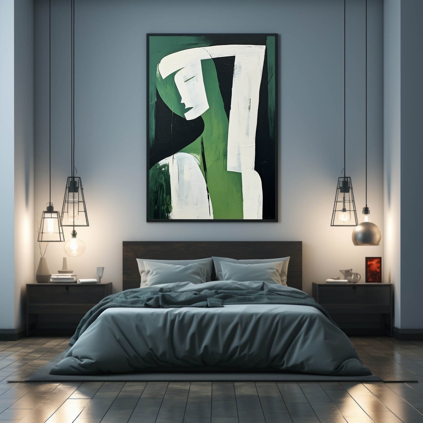 Abstract Green Figure Oil Painting - Modern Minimalist Wall Art for Contemporary Decor