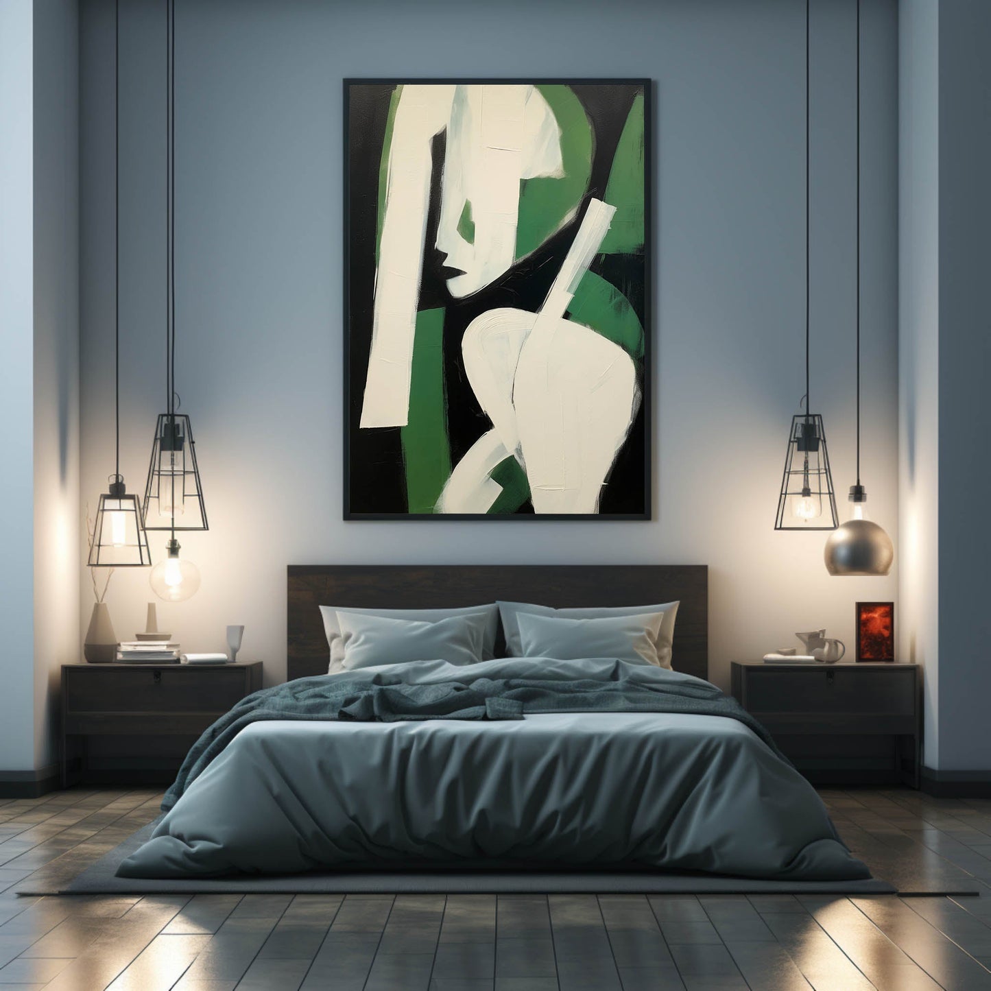 Abstract Green and White Figure – Modern Minimalist Oil Painting for Contemporary Home Decor