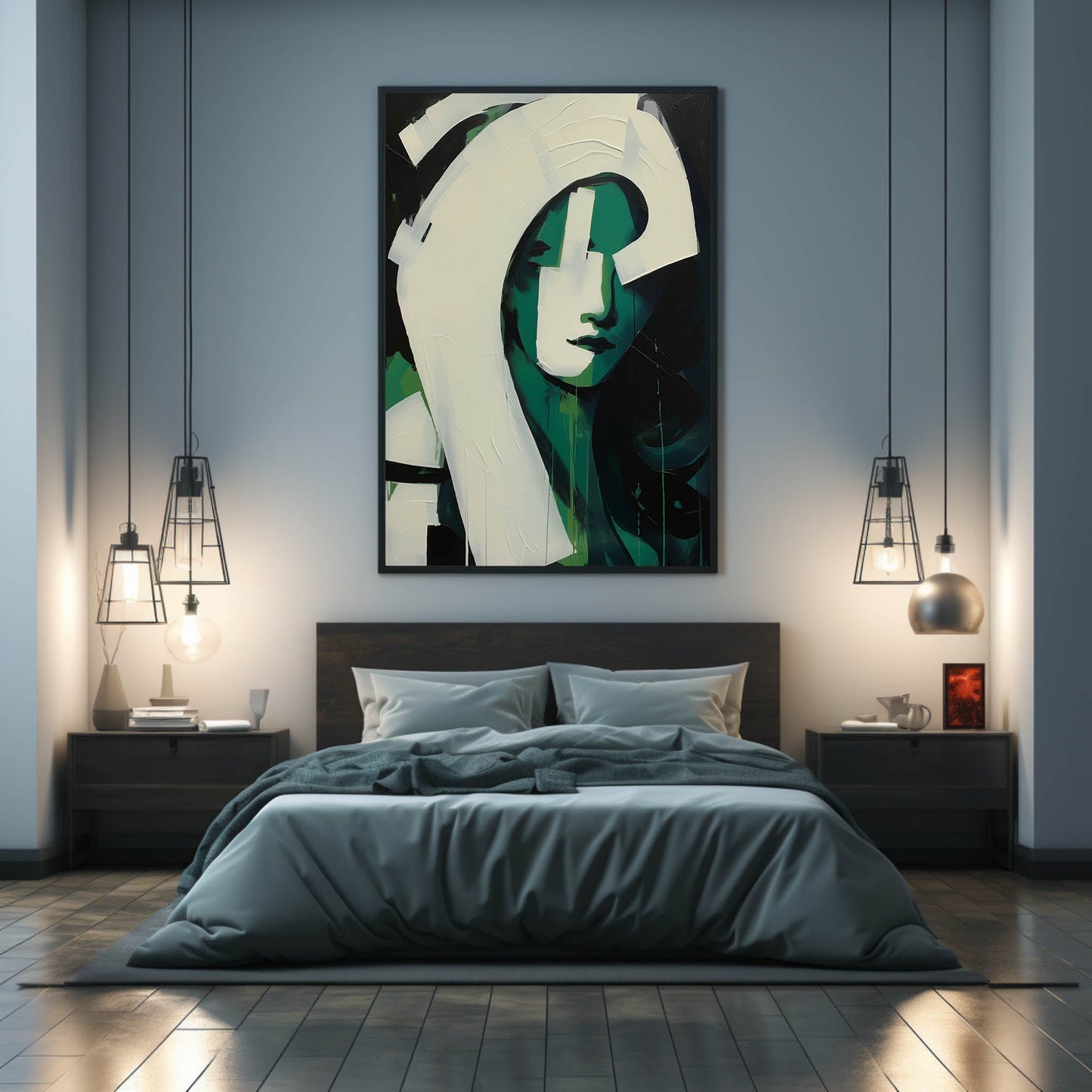 Modern Abstract Oil Painting of a Green-Hued Face in Minimalist Style