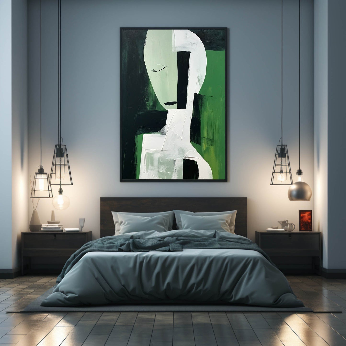 Elegant Minimalist Abstract Oil Painting in Green and Black Tones
