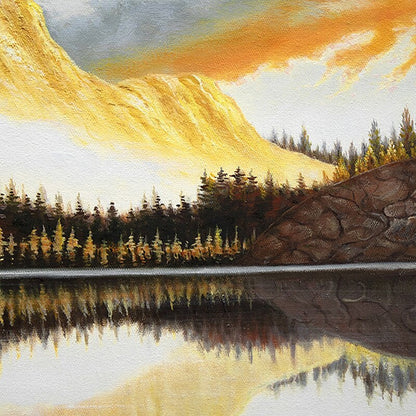 Serene Mountain Reflection Oil Painting in Warm Sunset Hues