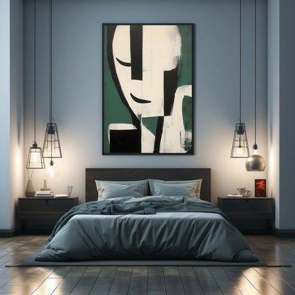 Abstract Minimalist Portrait in Green and Black - Modern Oil Painting for Home Decor