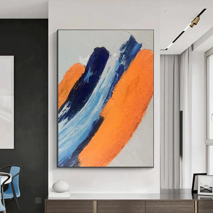 Vibrant Abstract Oil Painting with Dynamic Blue and Orange Brush Strokes for Modern Decor