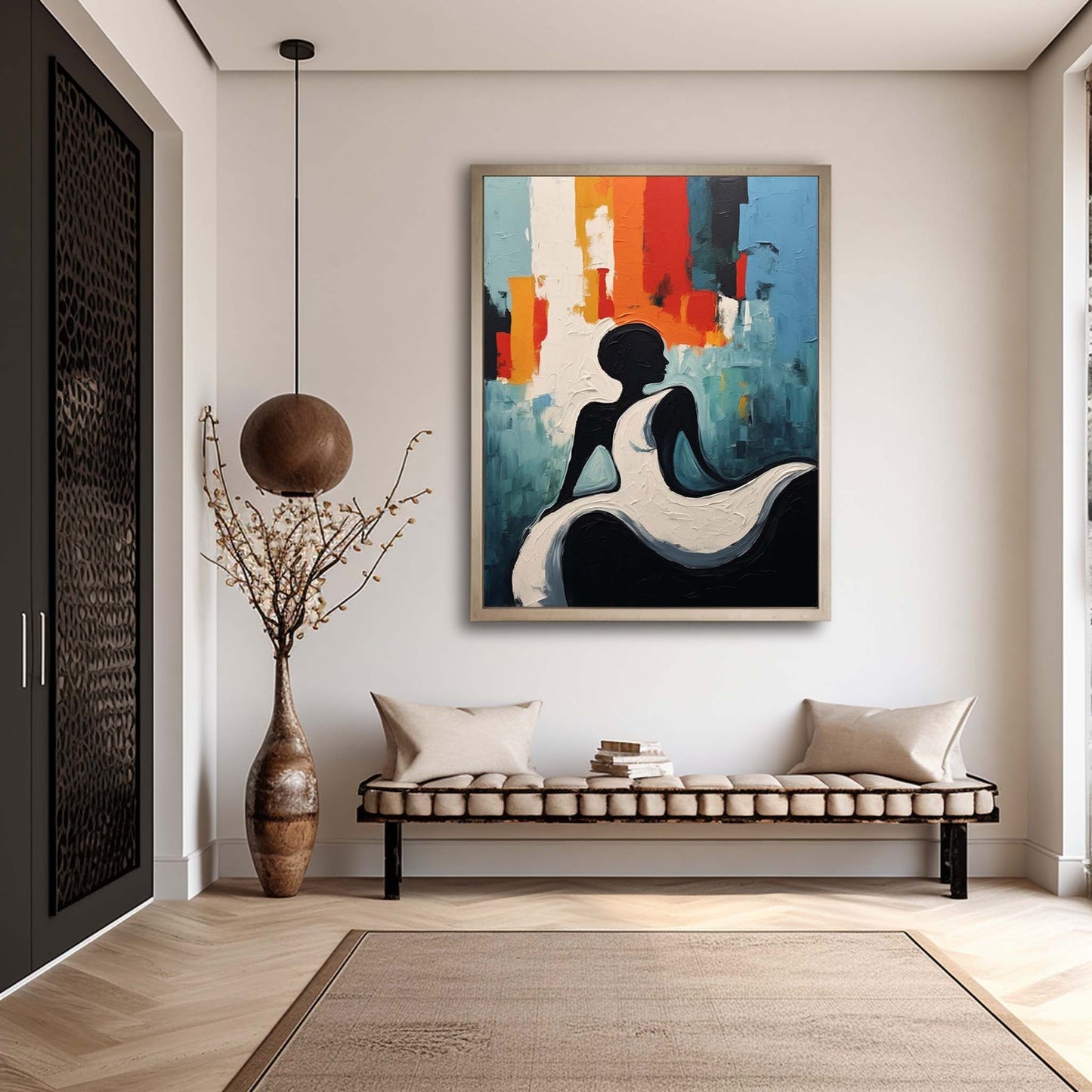 Vibrant Abstract Oil Painting of Elegant Figure in Bold Colors