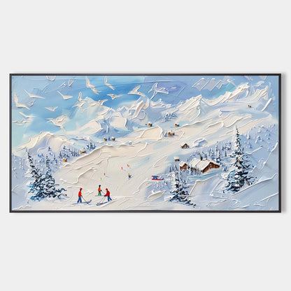 Winter Wonderland Ski Scene: Textured Oil Painting of Snowy Mountains and Adventurers