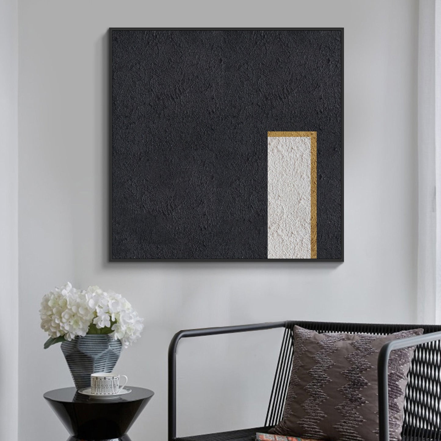Elegant Minimalist Black White Gold Oil Painting for Contemporary Decor