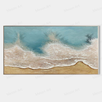 Coastal Serenity: Textured Oil Painting of Beach Waves and Sand