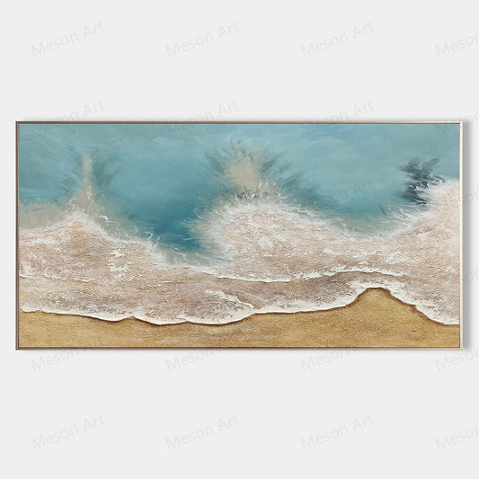 Coastal Serenity: Textured Oil Painting of Beach Waves and Sand