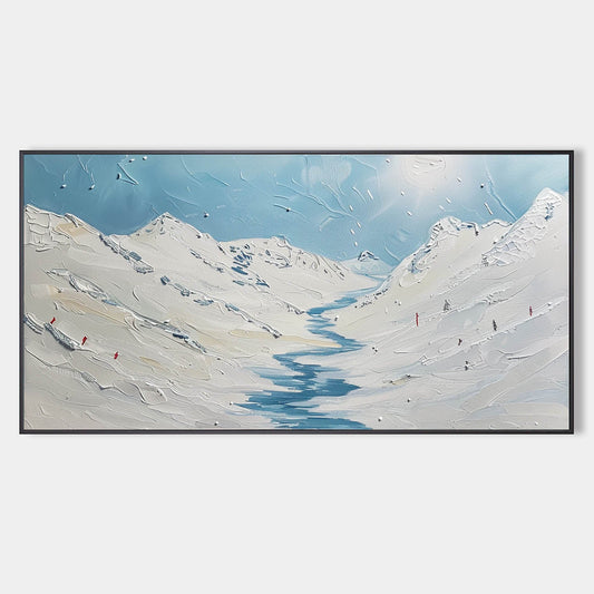 Serene Winter Landscape Oil Painting with Textured Mountains and Blue Sky