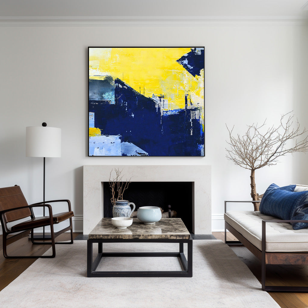 Vibrant Blue and Yellow Abstract Oil Painting for Modern Home Decor