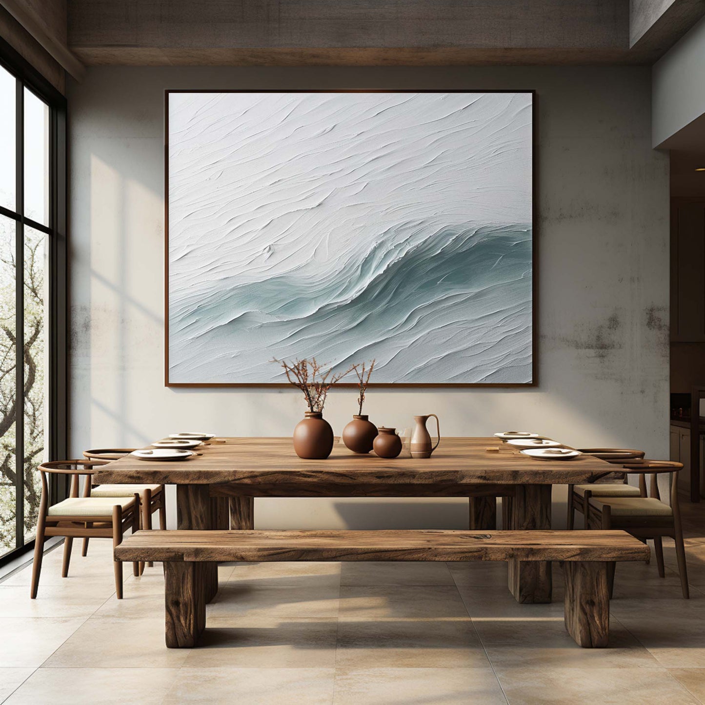 Abstract Ocean Wave Oil Painting with Textured Plaster Finish for Modern Home Decor