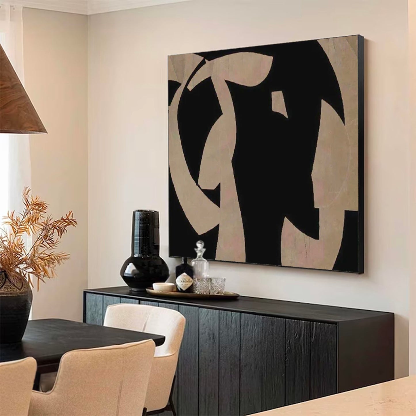 Sleek Black and Beige Minimalist Abstract Oil Painting for Modern Home Decor