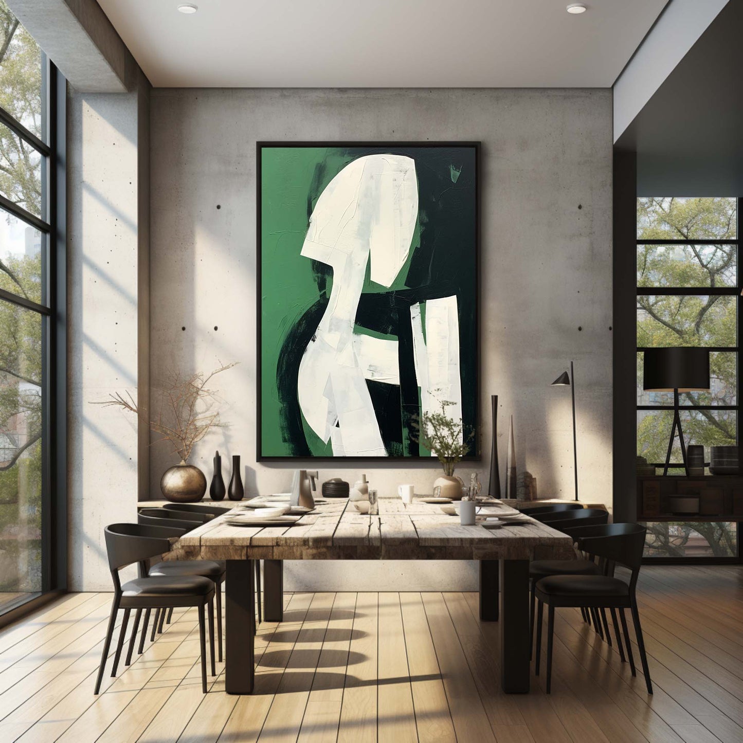 Abstract Green and White Minimalist Oil Painting for Modern Decor