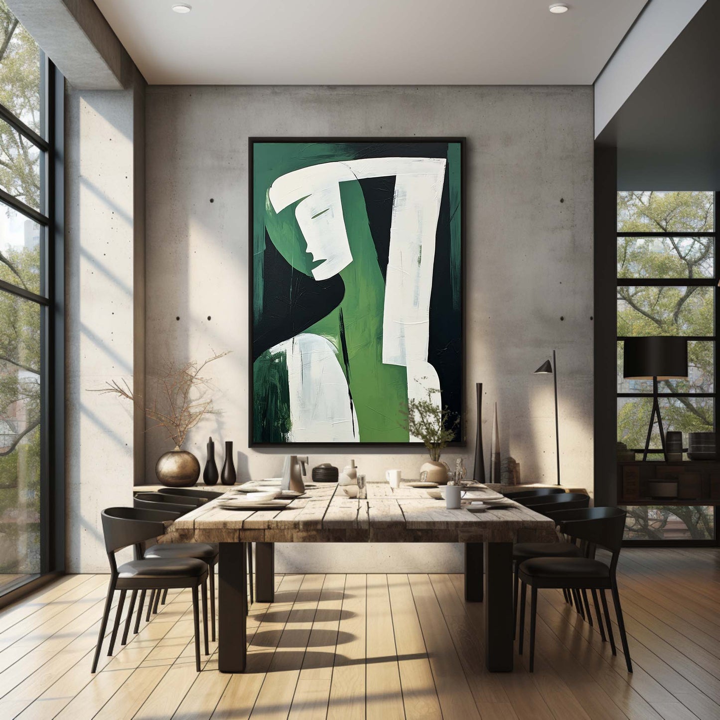 Abstract Green Figure Oil Painting - Modern Minimalist Wall Art for Contemporary Decor