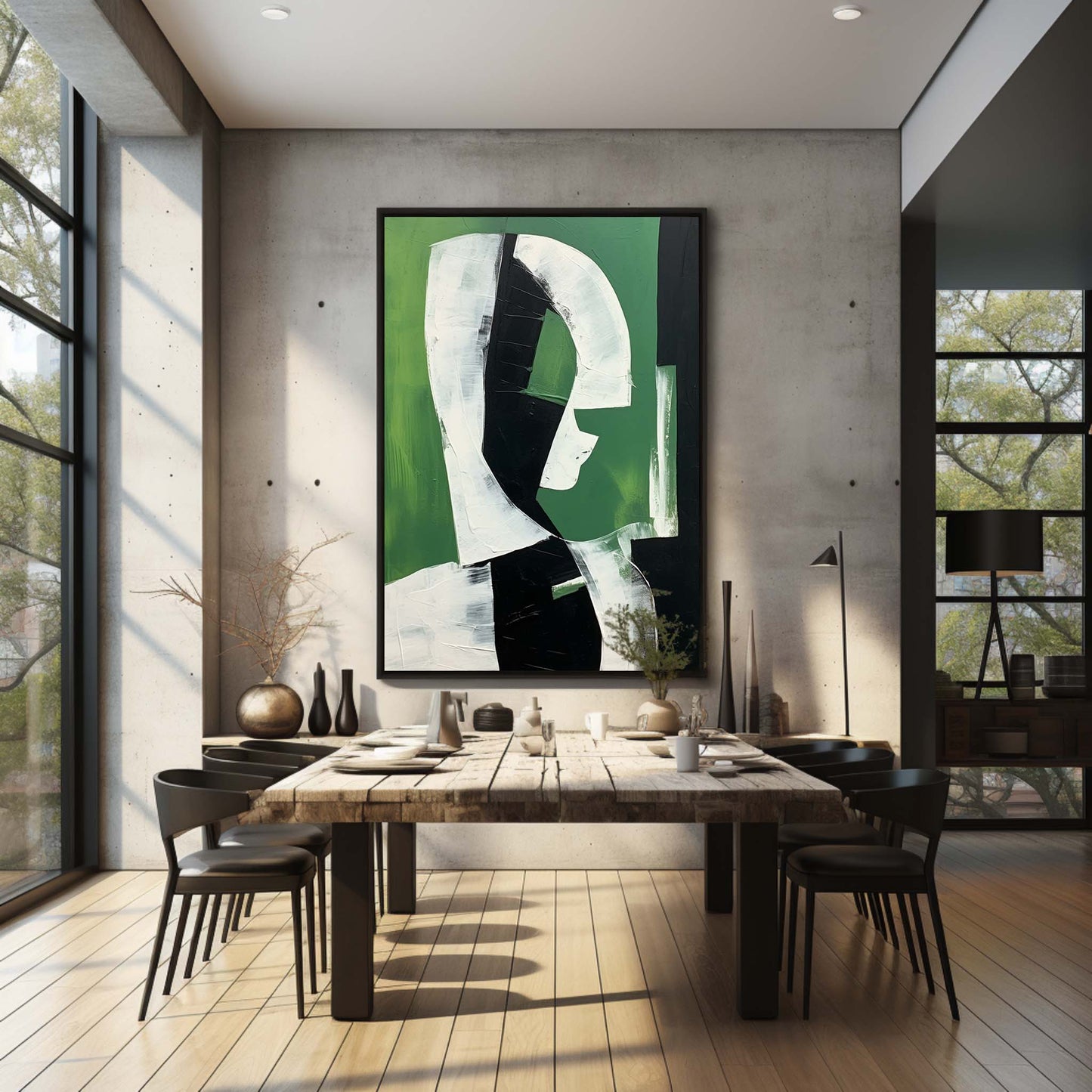 Abstract Green and Black Minimalist Oil Painting for Modern Home Decor