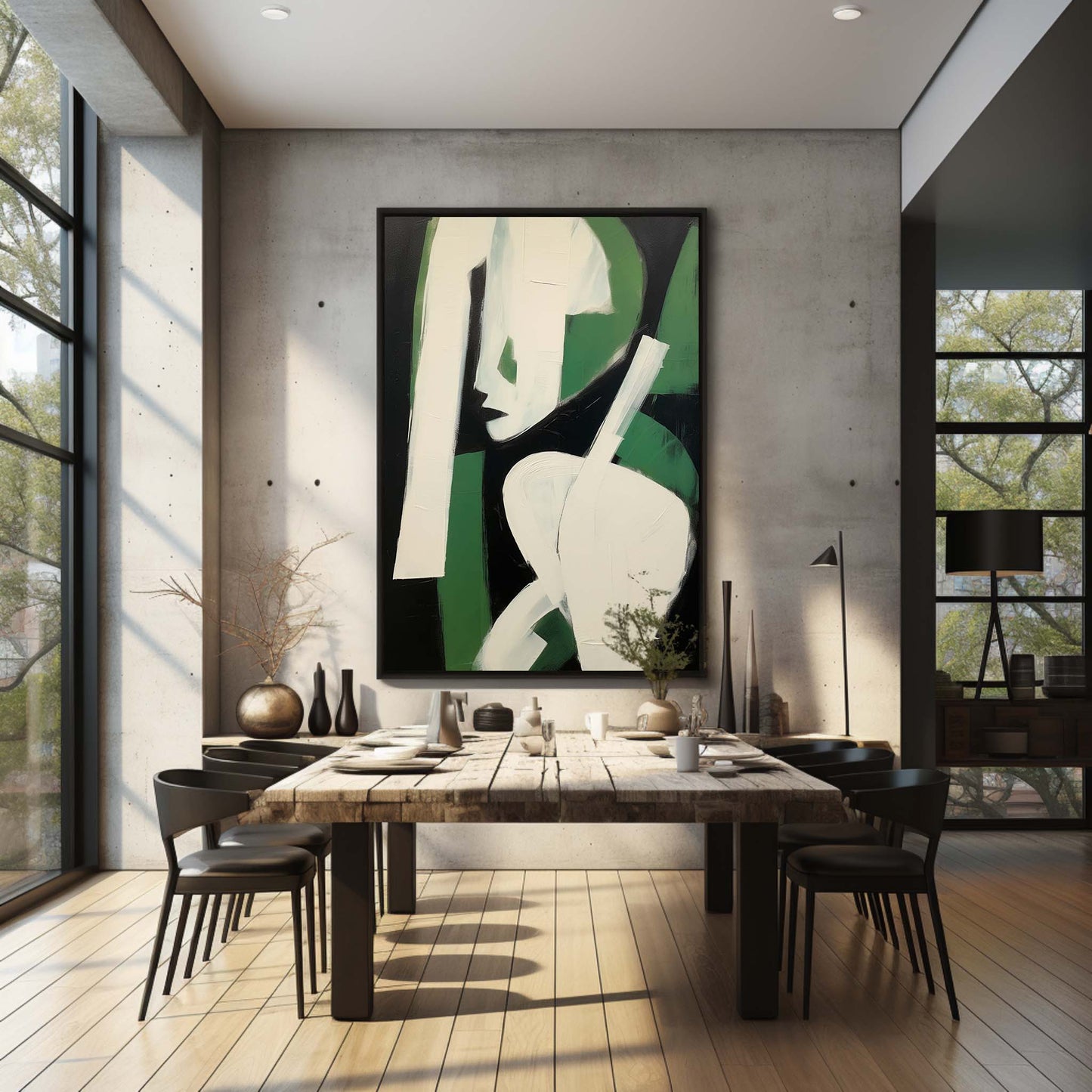 Abstract Green and White Figure – Modern Minimalist Oil Painting for Contemporary Home Decor